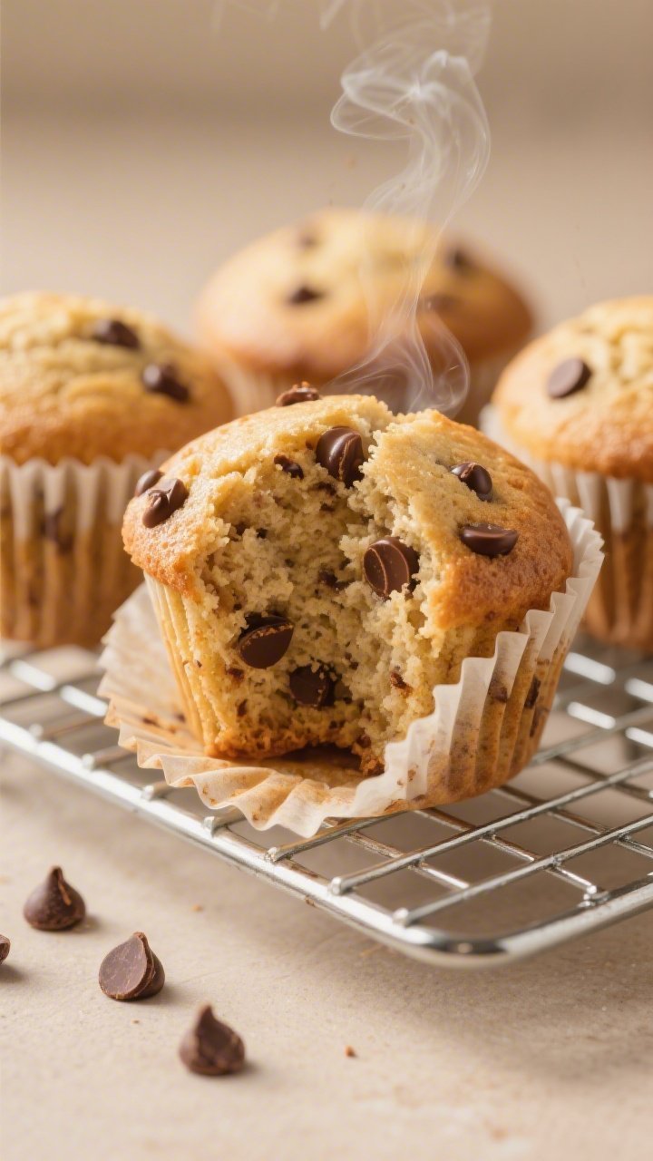 Close-up detail shot: freshly baked banana protein muffins just out of the oven, muffin domes lightl