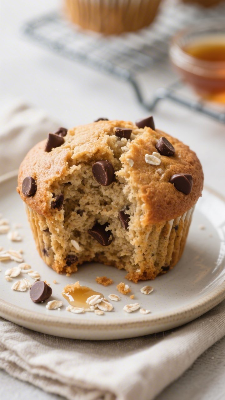 Close-up detail shot: freshly baked healthy chocolate chip muffin torn open to reveal moist, tender 