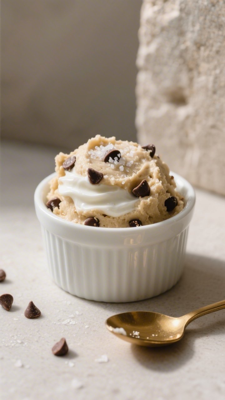 Close-up detail shot of a chilled 100-calorie protein cookie dough scoop in a small white ramekin, s