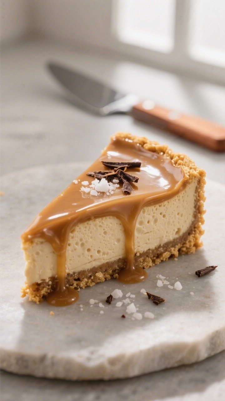 Close-up detail shot of a chilled no-bake caramel latte cheesecake slice just after unmolding: silky