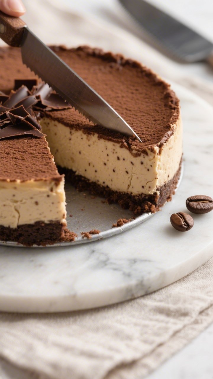 Close-up detail shot of a no-bake coffee cheesecake slice mid-serve, the knife lifting a perfectly c