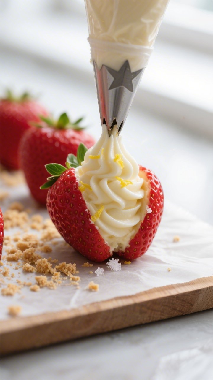 Close-up detail shot of cheesecake-stuffed strawberries after piping, showing silky, pipe-swirled fi