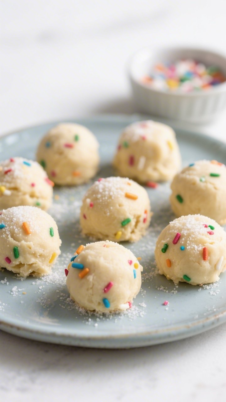 Close-up detail shot of finished 100-calorie sugar cookie dough bites, rolled into smooth, even ball