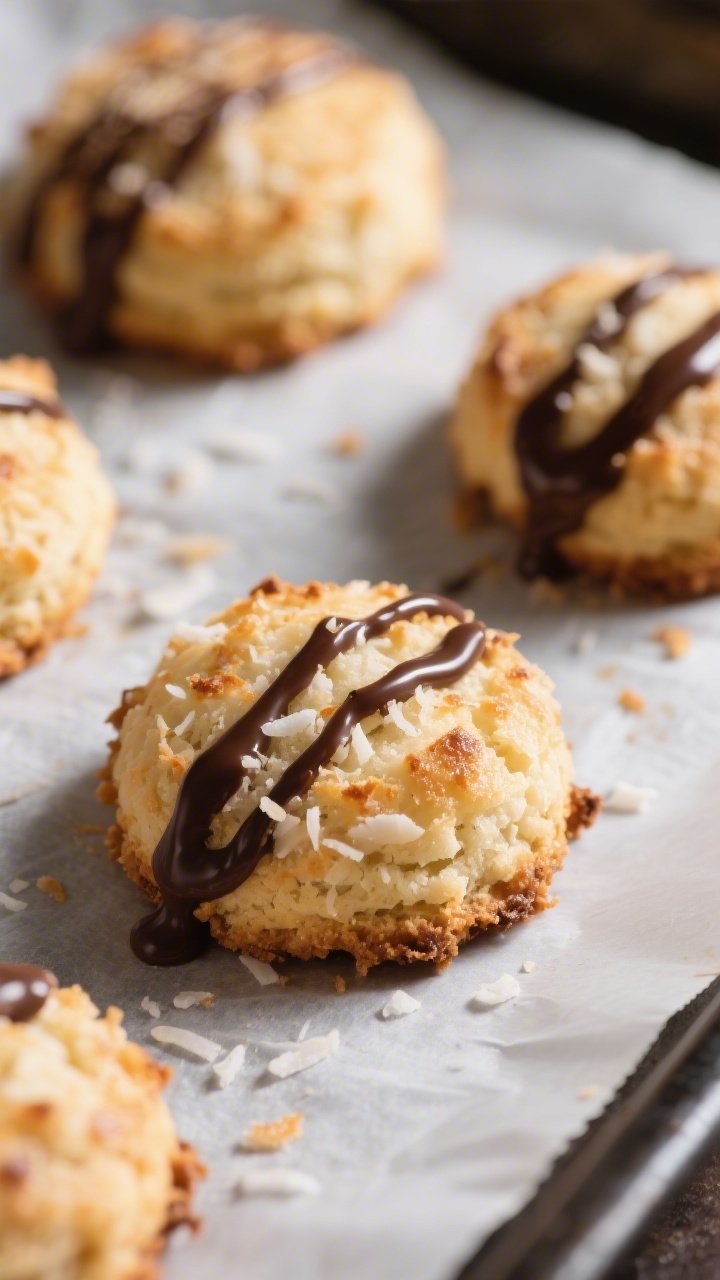 Close-up detail shot of freshly baked coconut macaroons just out of the oven on a parchment-lined sh