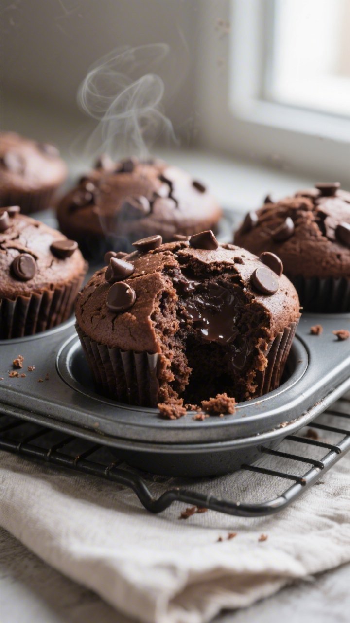 Close-up detail shot of freshly baked double chocolate muffins just out of the tin, tops domed and c