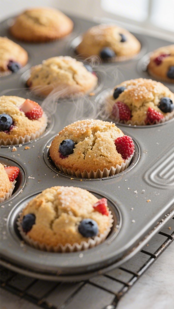 Close-up detail shot of freshly baked healthy berry muffins just out of the oven, still in a lined 1