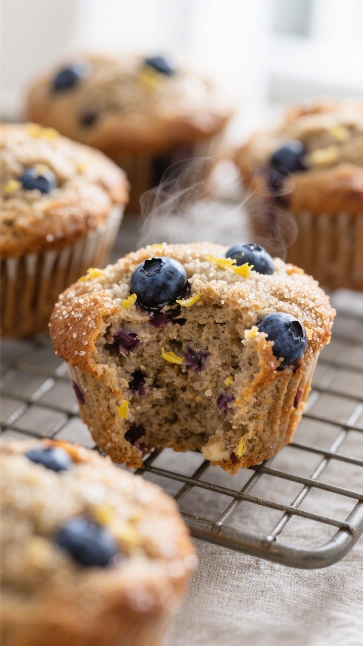 Close-up detail shot of freshly baked healthy blueberry banana muffins just out of the pan, one muff