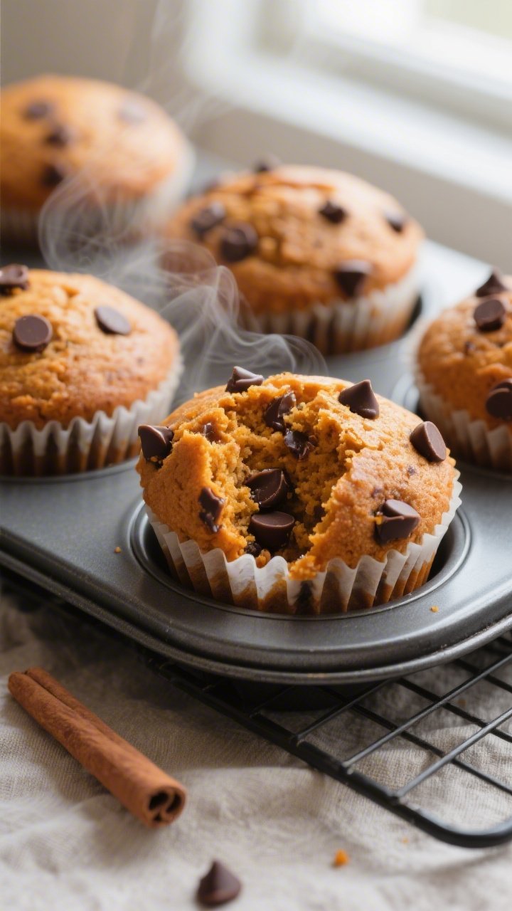 Close-up detail shot of freshly baked healthy pumpkin chocolate chip muffins just out of the tin, on