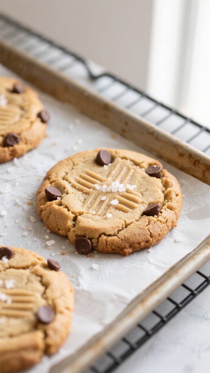 Close-up detail shot of freshly baked keto almond butter cookies cooling on a parchment-lined sheet 