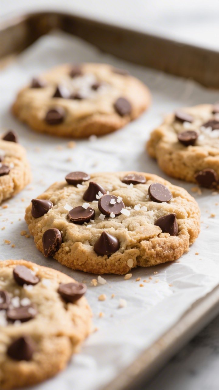 Close-up detail shot of freshly baked keto chocolate chip cookies cooling on a parchment-lined sheet