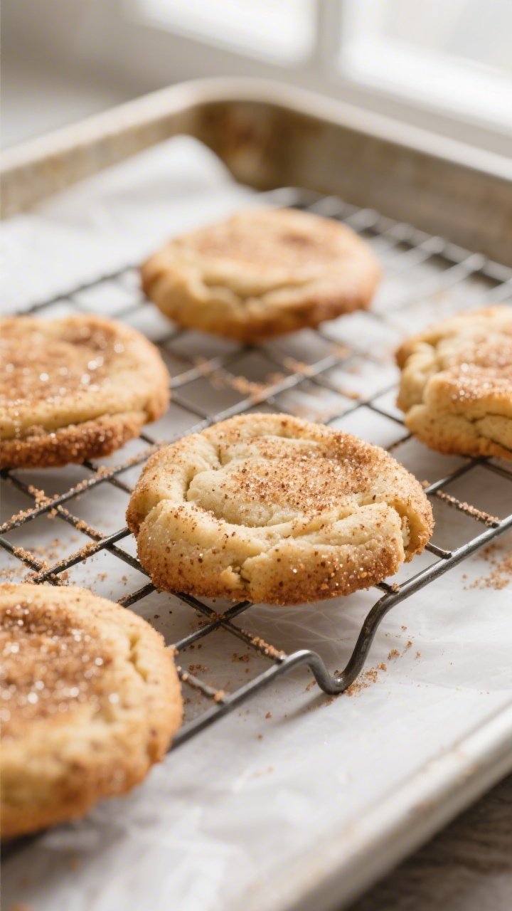 Close-up detail shot of freshly baked keto snickerdoodle cookies cooling on a wire rack, centers sof