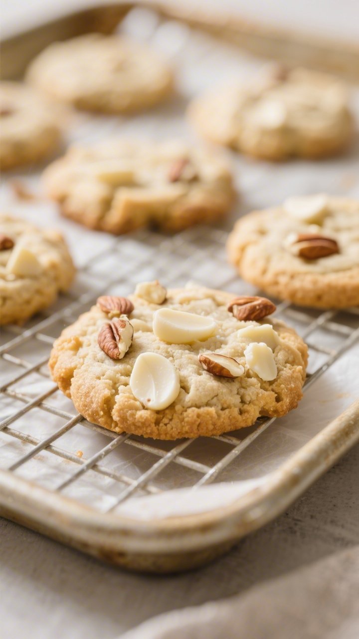 Close-up detail shot of freshly baked keto white chocolate macadamia cookies cooling on a wire rack: