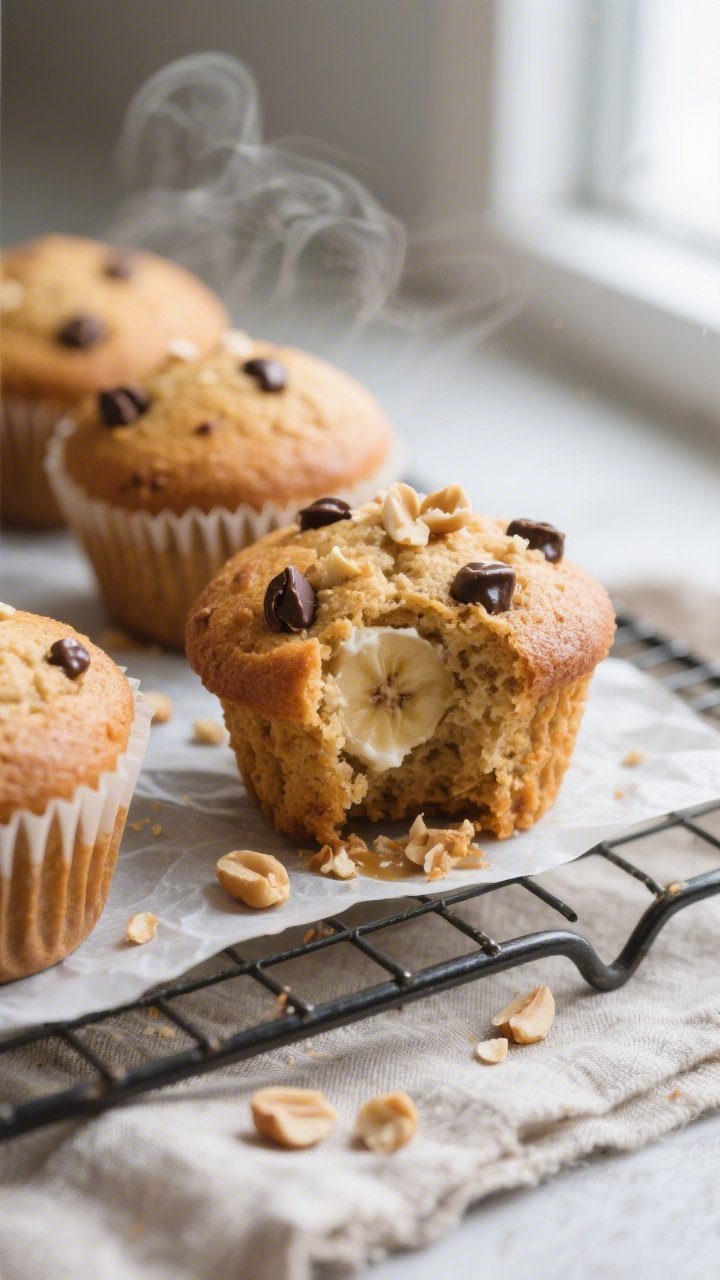 Close-up detail shot of freshly baked peanut butter muffins cooling on a wire rack, golden-brown dom