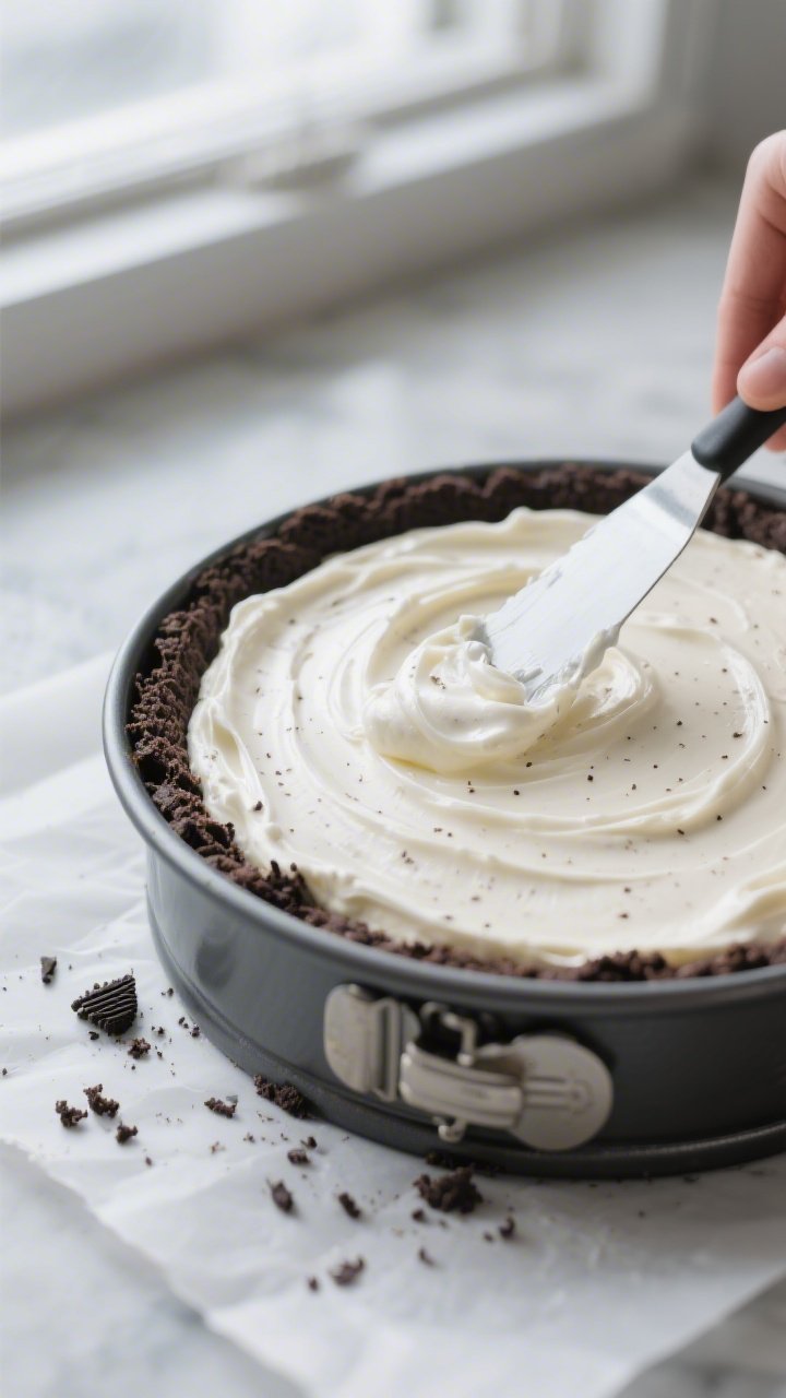 Close-up detail shot of the no-bake cheesecake filling being smoothed into a chilled Oreo crust in a