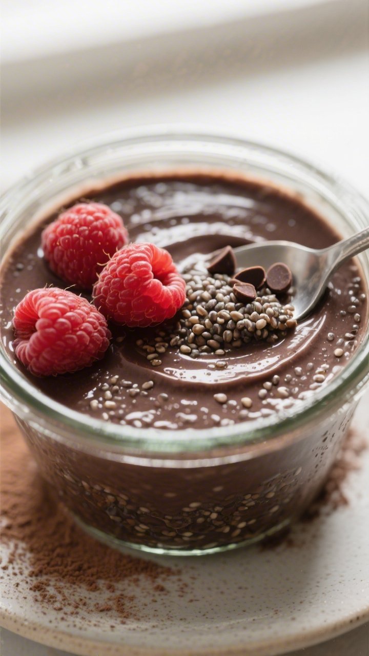 Close-up detail shot: Silky 100-calorie chia chocolate pudding just after an overnight chill, spoon 