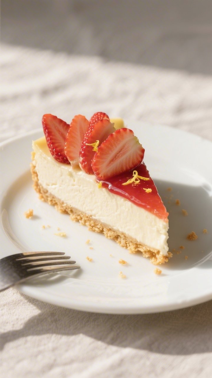 Close-up final presentation: a perfectly set no-bake cheesecake slice with sharp, clean cuts on a si