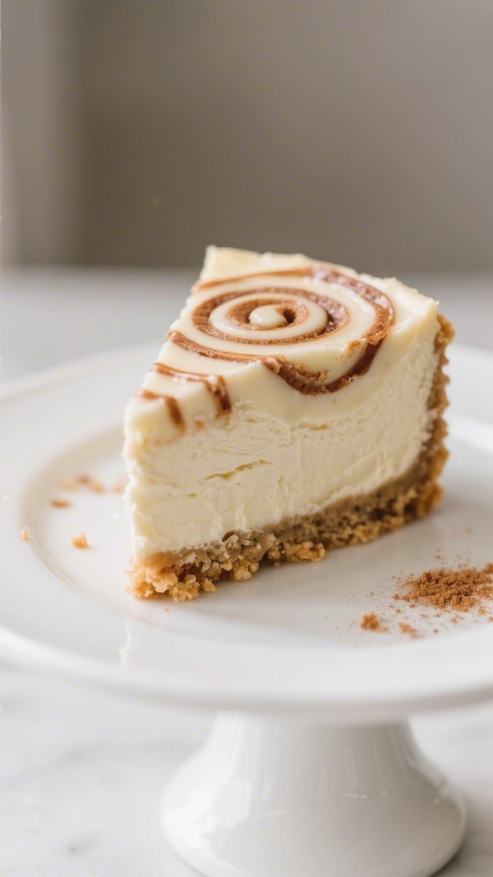 Close-up final presentation of a chilled, clean-sliced wedge of no-bake cinnamon roll cheesecake on 
