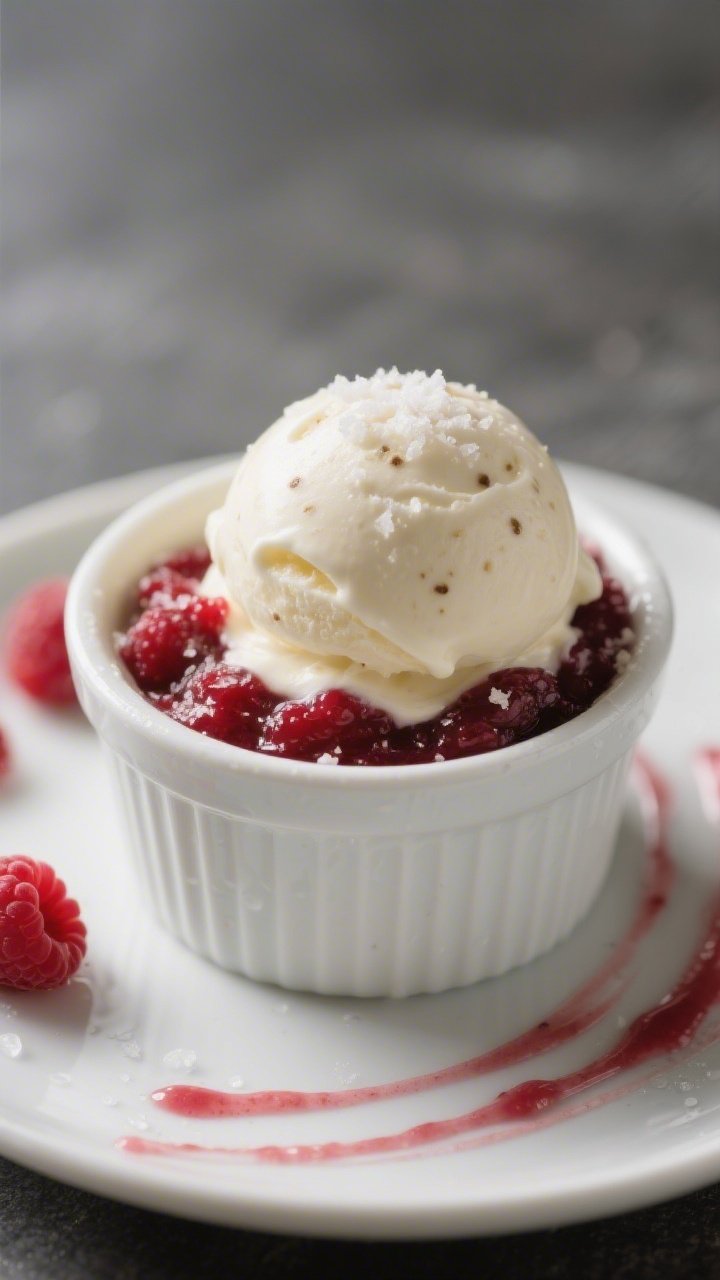 Close-up final presentation of a perfectly rounded scoop of 100-calorie vanilla frozen yogurt in a c