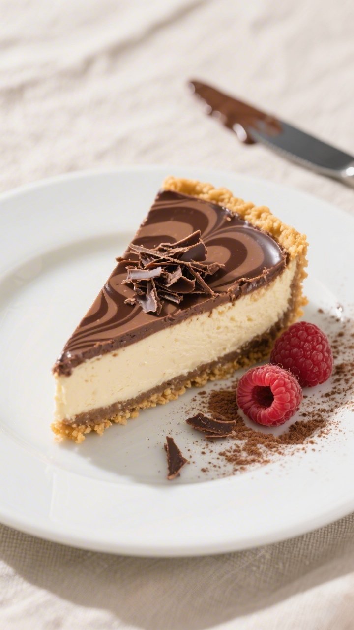 Close-up final presentation of a single slice of no-bake chocolate swirl cheesecake on a matte white