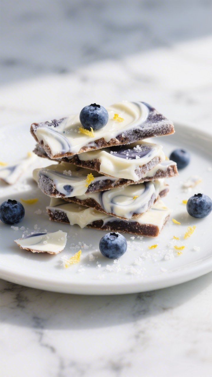 Close-up final presentation of blueberry yogurt bark pieces stacked loosely on a matte white plate, 