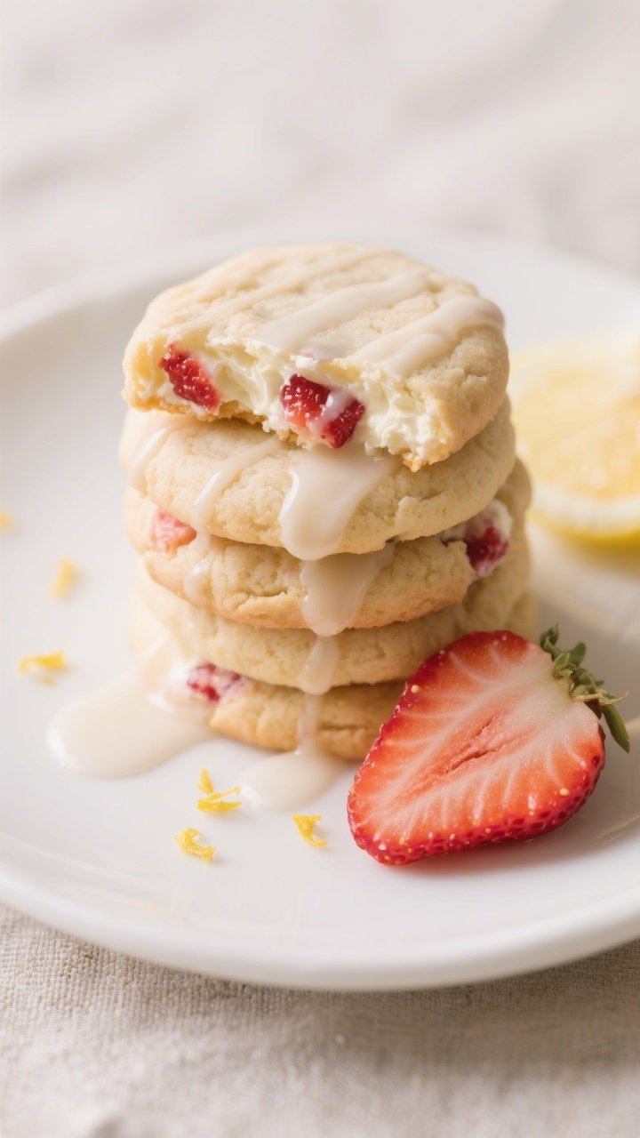 Close-up final presentation of keto strawberry cream cheese cookies on a white ceramic plate, neatly