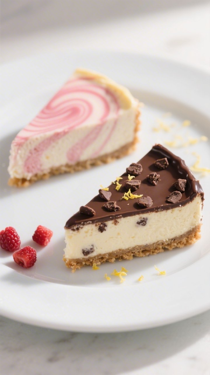 Close-up final presentation of two 100-calorie frozen cheesecake bites unmolded and plated on a matt