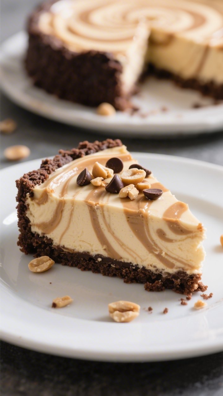 Close-up final slice of No Bake Peanut Butter Swirl Cheesecake plated on a matte white dessert plate