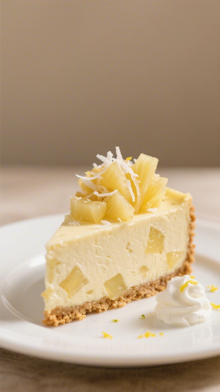 Close-up final slice of no-bake pineapple cheesecake plated on a white dessert plate, tall clean edg