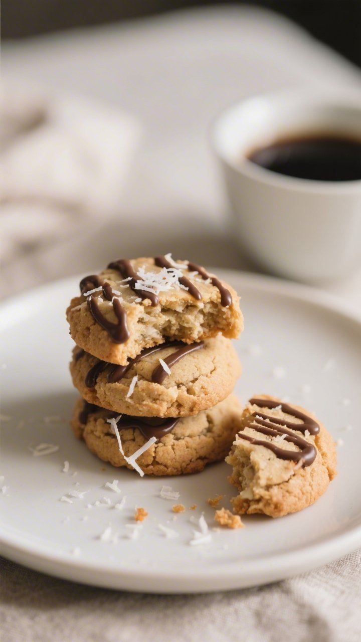 Close-up hero plate of keto coconut cookies, final presentation: a small stack of three cookies on a