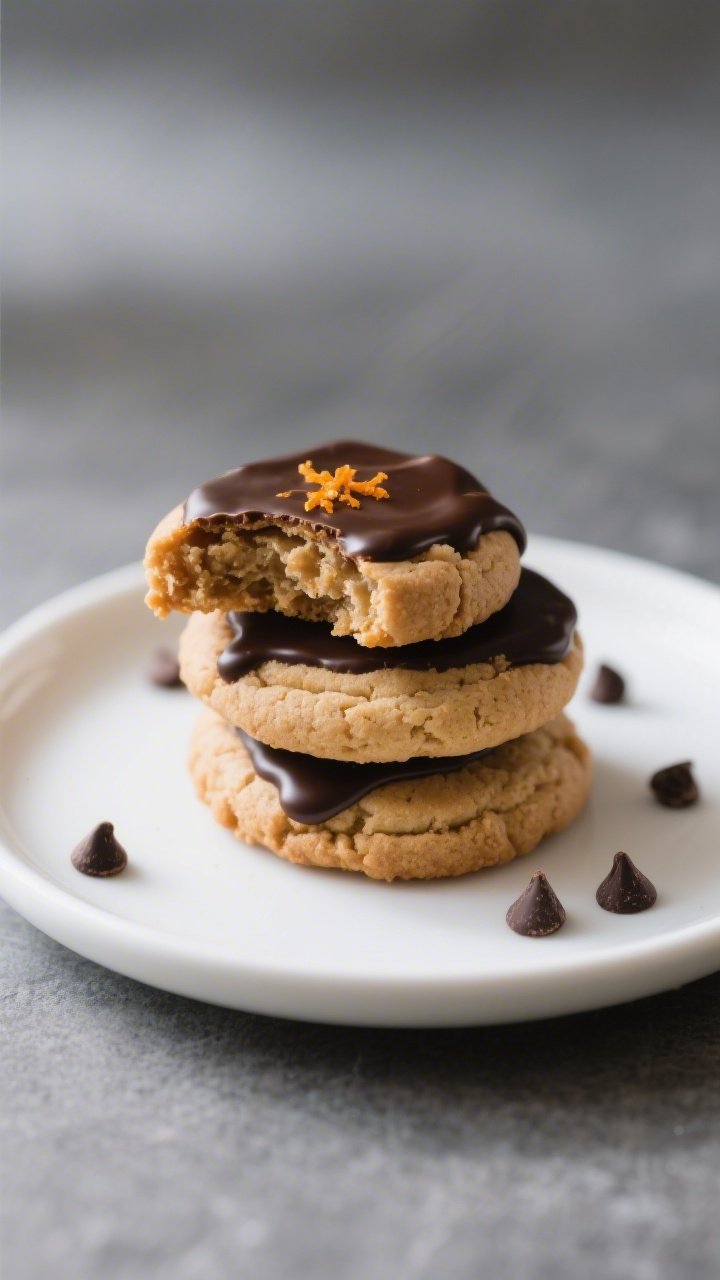 Close-up, of a small dessert plate with three almond butter cookies stacked and one broken open to r