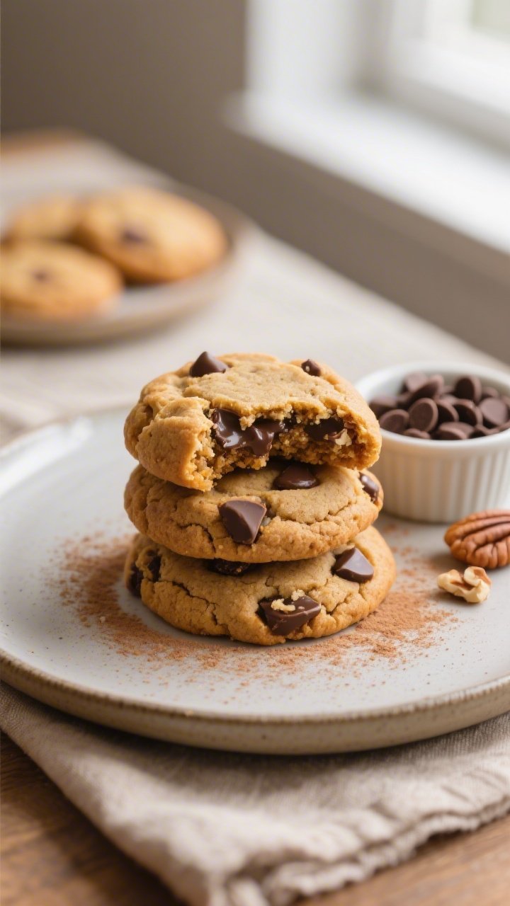 Close-up plated final presentation of three keto pumpkin chocolate chip cookies stacked on a matte c