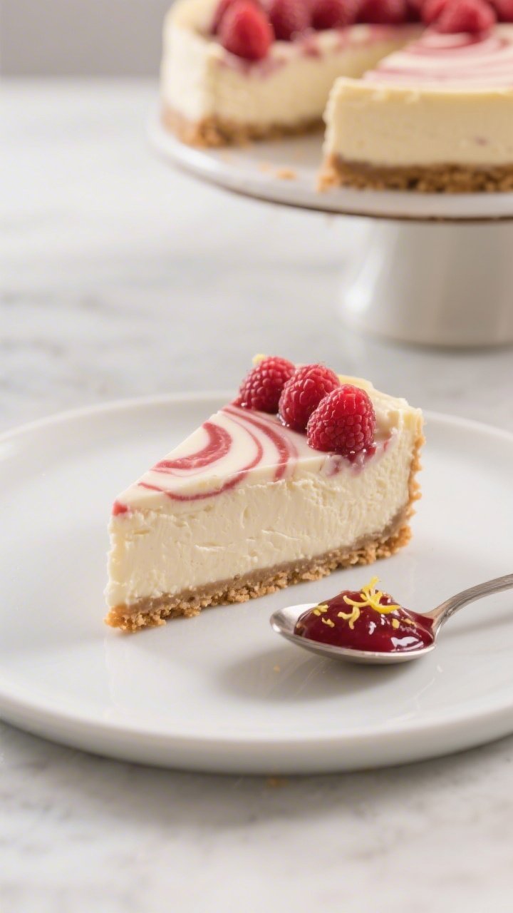 Close-up plated final slice: a tall wedge of no-bake raspberry swirl cheesecake with ultra-smooth, v
