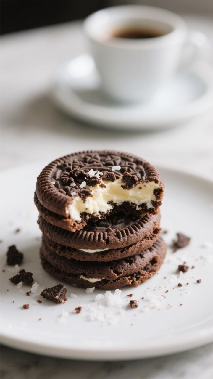 Close-up plated presentation of keto Oreo cheesecake cookies stacked on a matte white dessert plate,