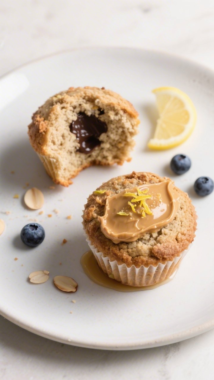 Close-up plated presentation of two almond flour muffins on a matte white plate: one muffin split op