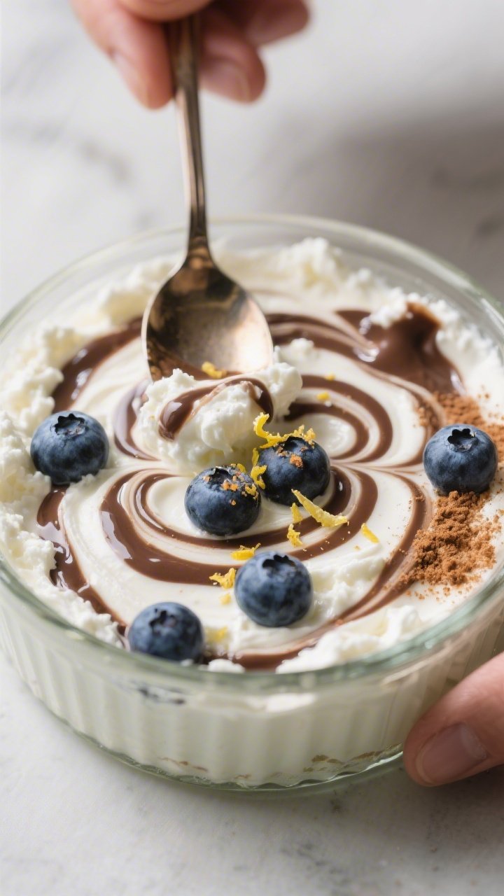Close-up process detail: cottage cheese base in a glass ramekin being gently swirled with a spoon to