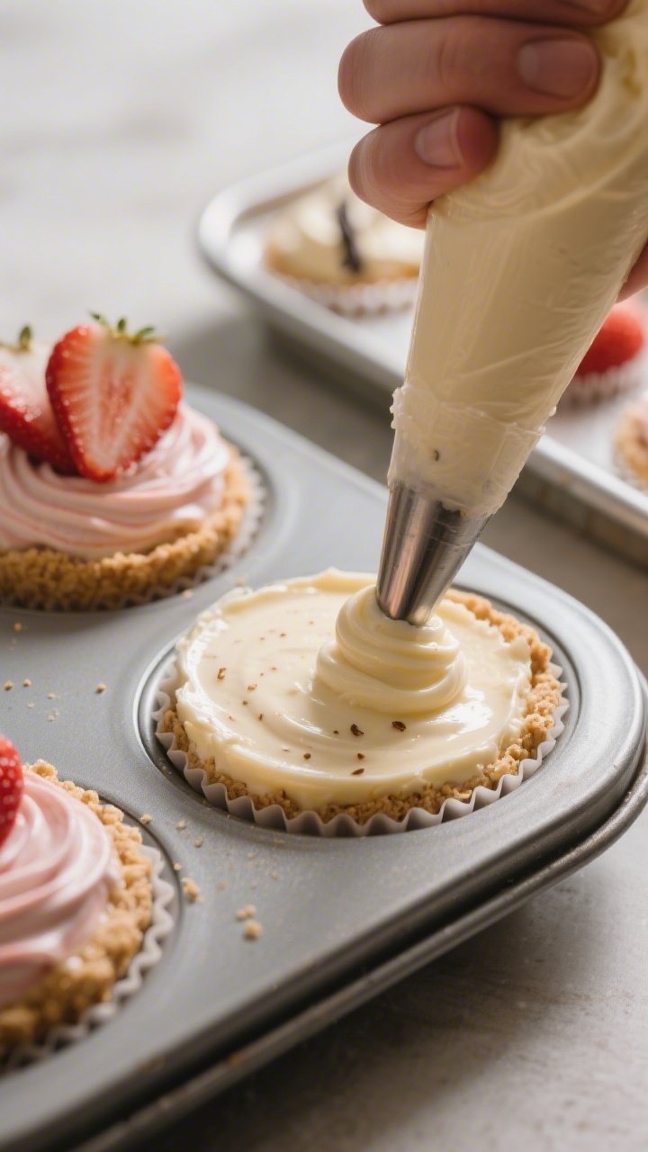 Close-up process detail of piping the smooth, protein-enriched cheesecake filling over a firmly set 