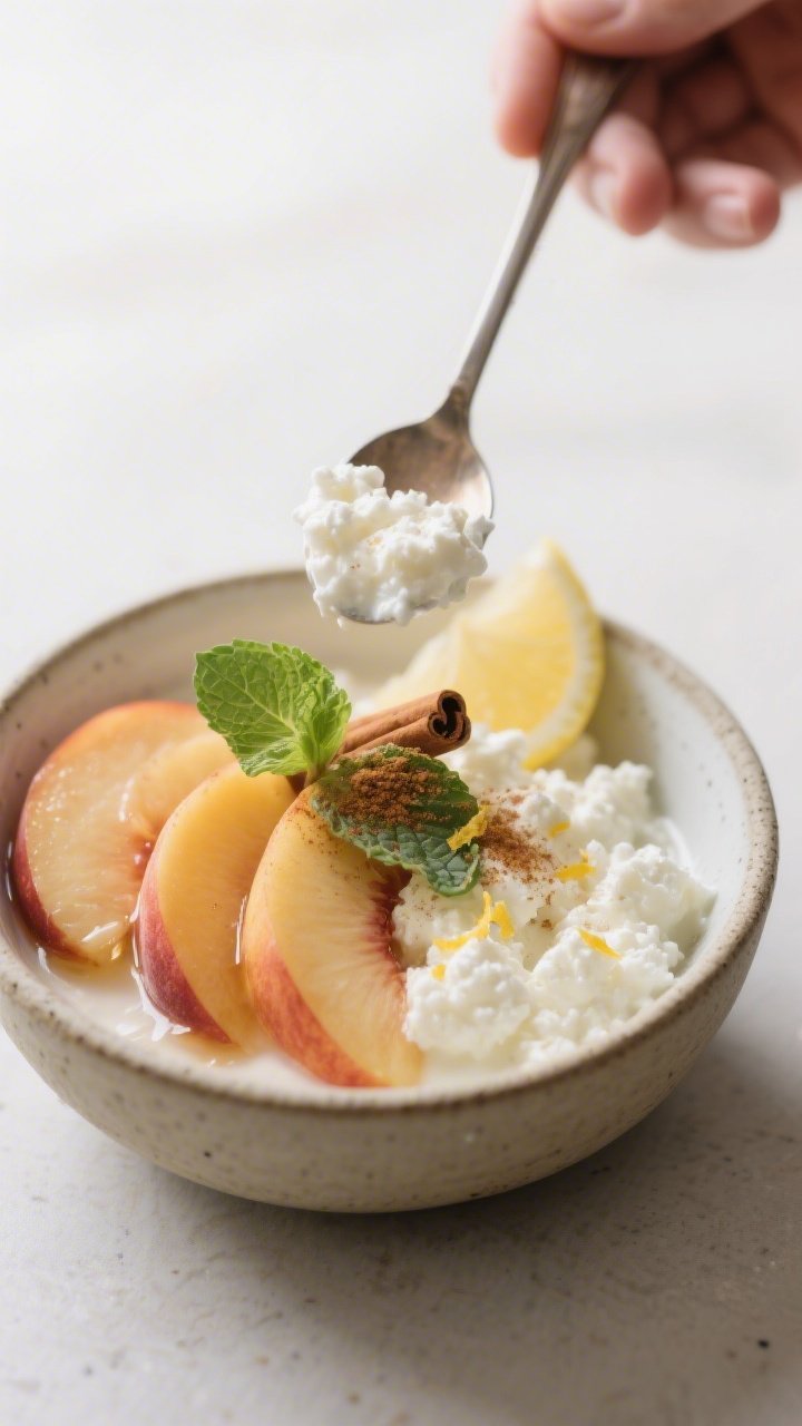 Close-up, process-focused detail of the bowl just before serving: cottage cheese in a small stonewar