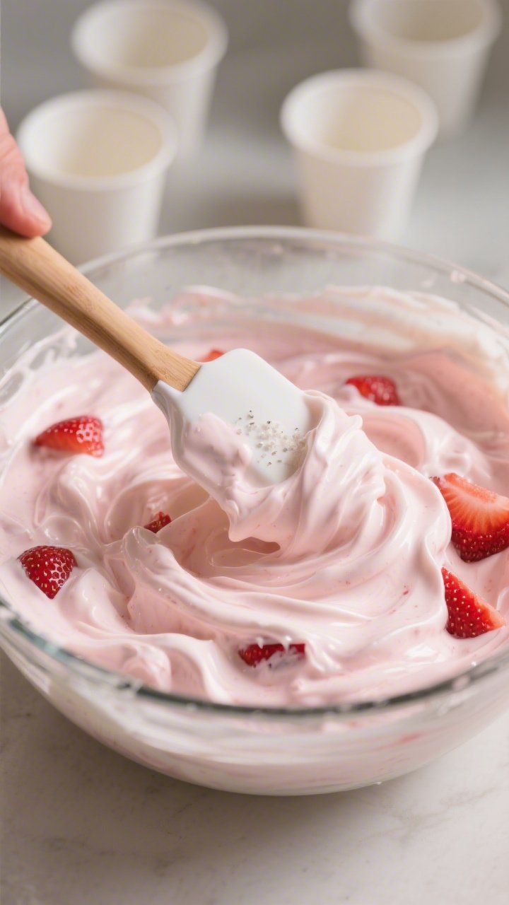 Close-up, process-focused detail of the strawberry yogurt mixture being folded together in a clear g