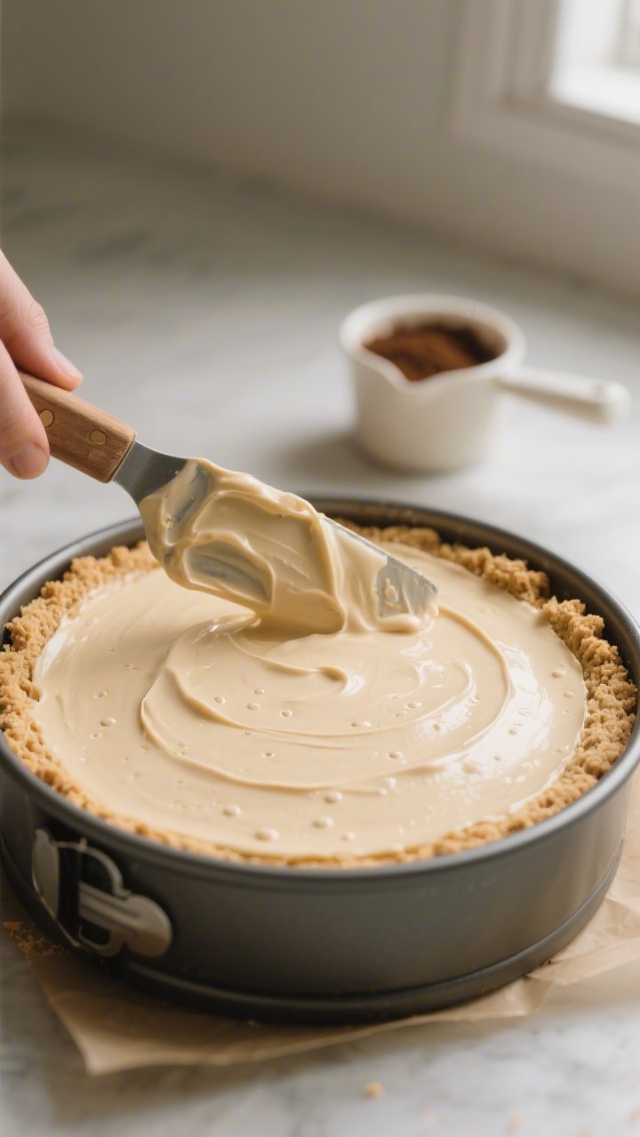 Close-up process shot: A silky no-bake vanilla latte cheesecake filling being smoothed into a chille