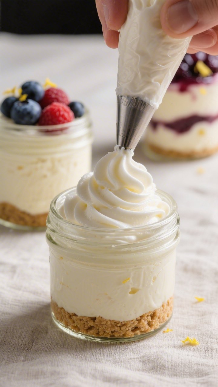 Close-up process shot focusing on the airy texture: a clear jar with chilled graham crust at the bot