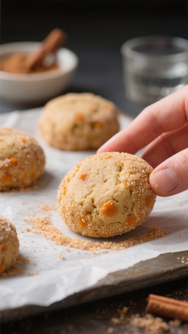 Close-up process shot of a hand-pressed, coated cookie dough round right before baking, resting on p