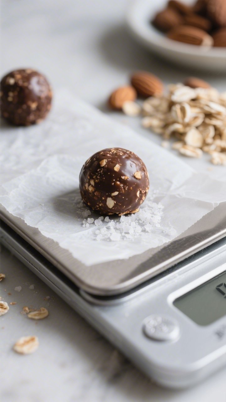 Close-up process shot of freshly rolled Cocoa Almond Energy Bites being portioned to a consistent si