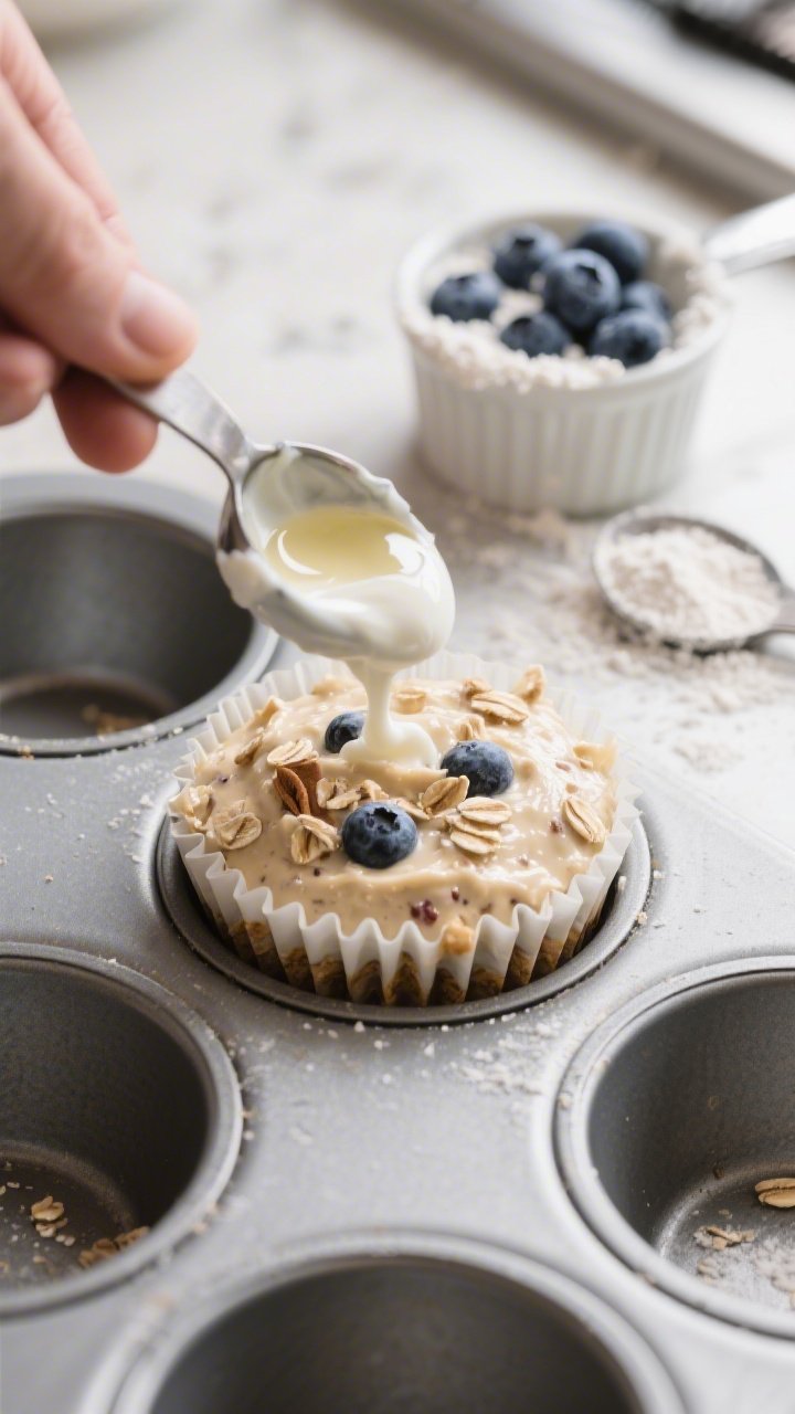 Close-up process shot of muffin batter being portioned into a lined muffin tin, batter thick and spe
