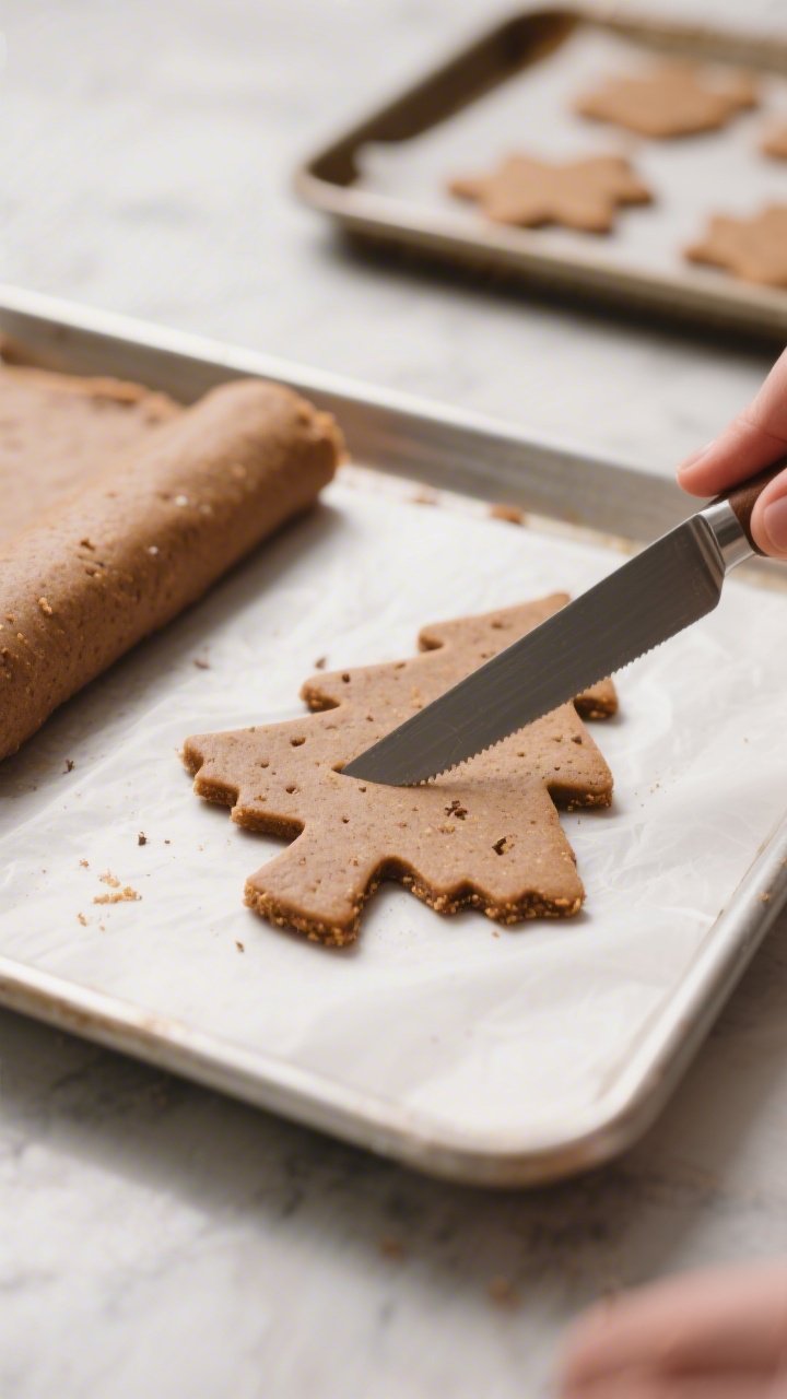 Close-up process shot of rolled, chilled keto gingerbread dough being cut into sharp-edged snowflake