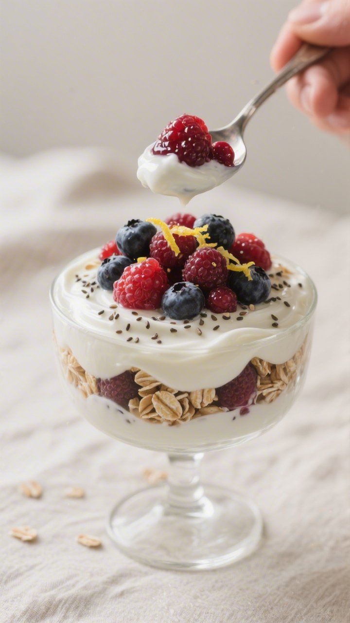 Close-up process shot of the parfait mid-layering in a stemless wine glass: a spoon hovering just ou