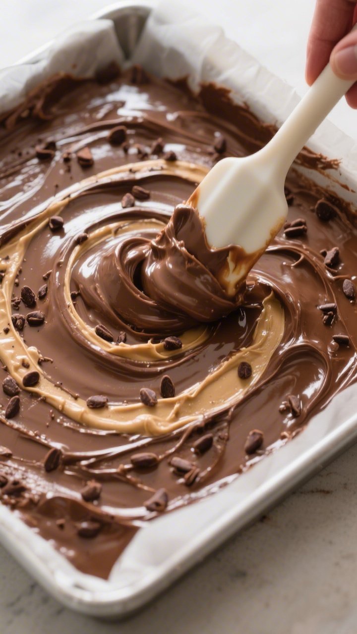 Close-up process shot of the thick, scoopable fudge mixture being pressed and smoothed into a parchm