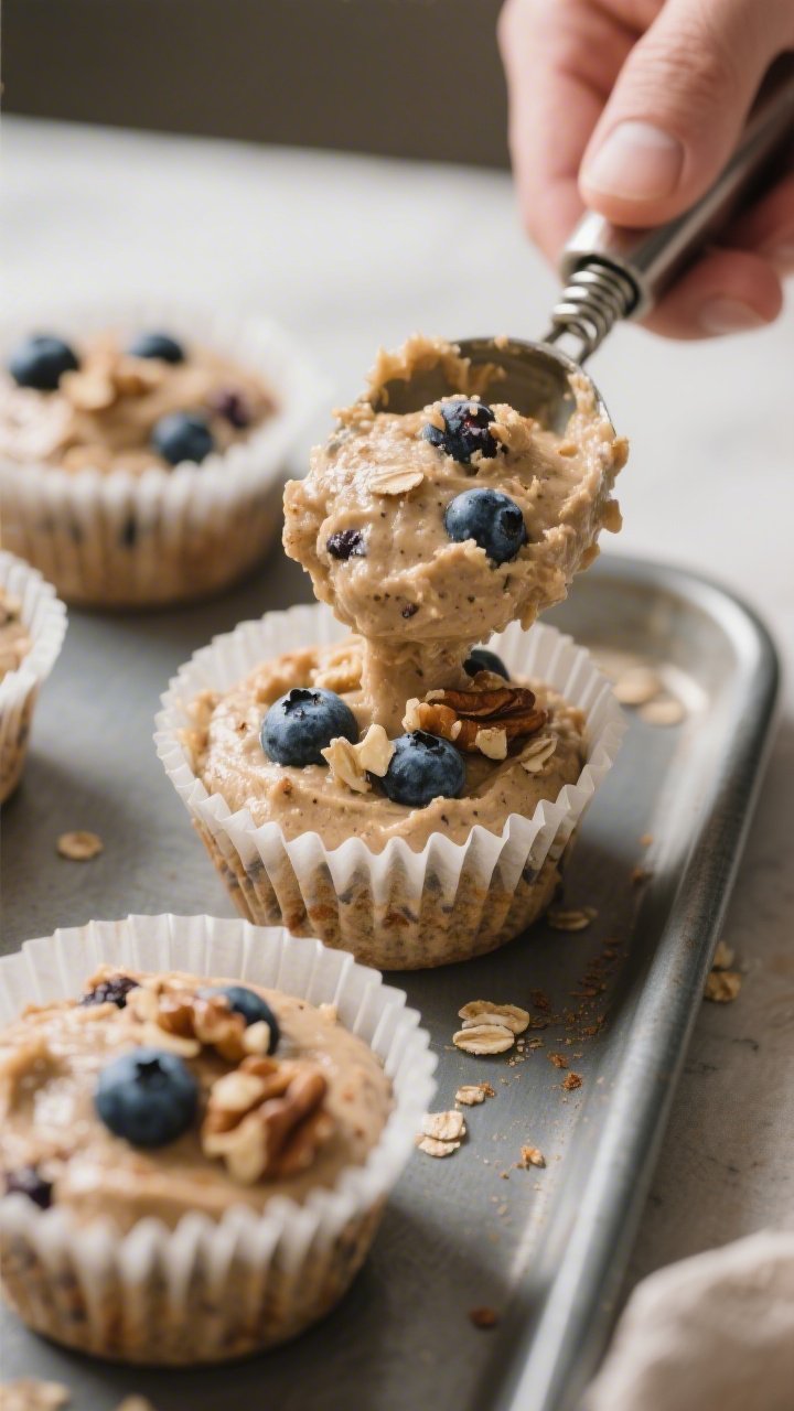 Close-up process shot of thick, scoopable muffin batter being portioned into parchment-lined muffin 