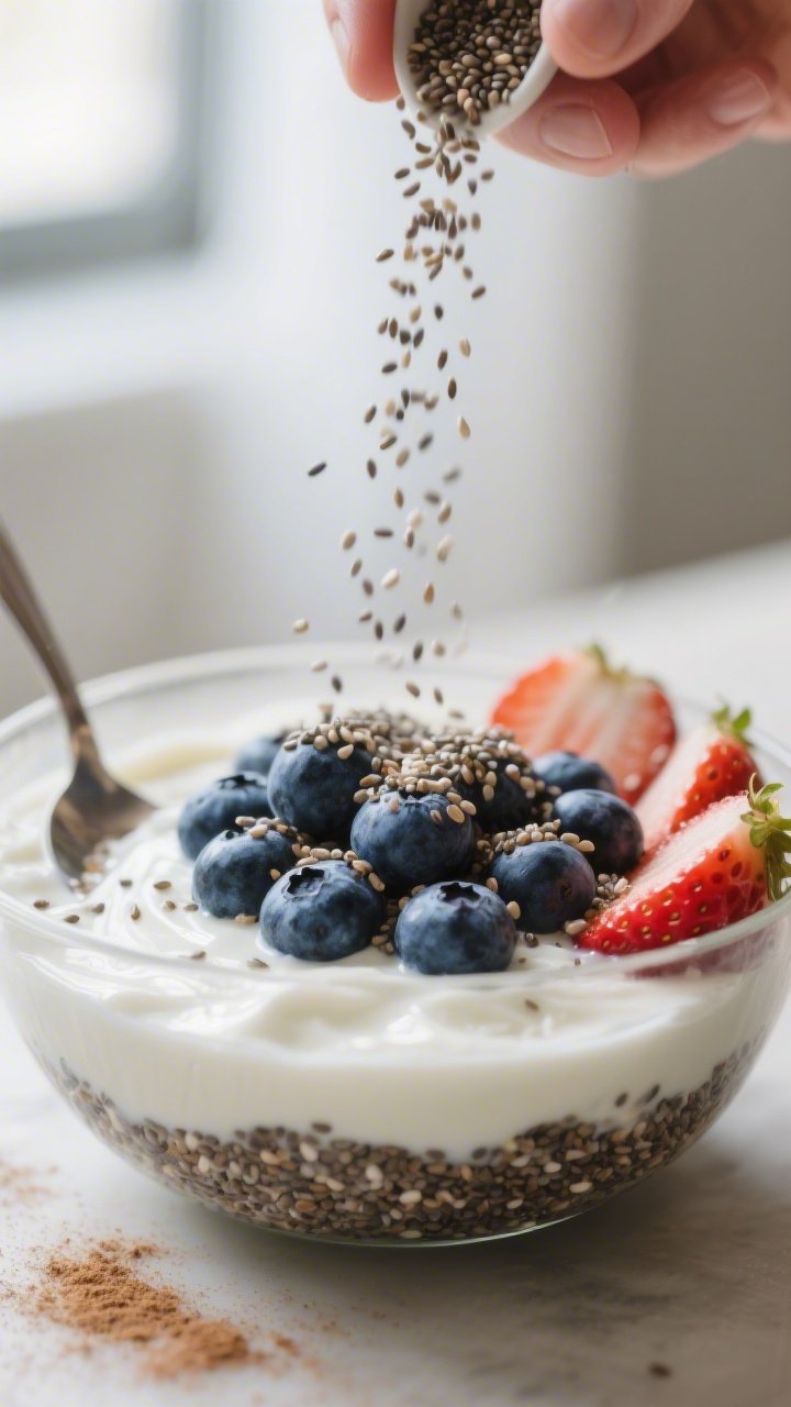 Close-up process shot: the “Add texture” step captured tight—chia seeds raining down over a la