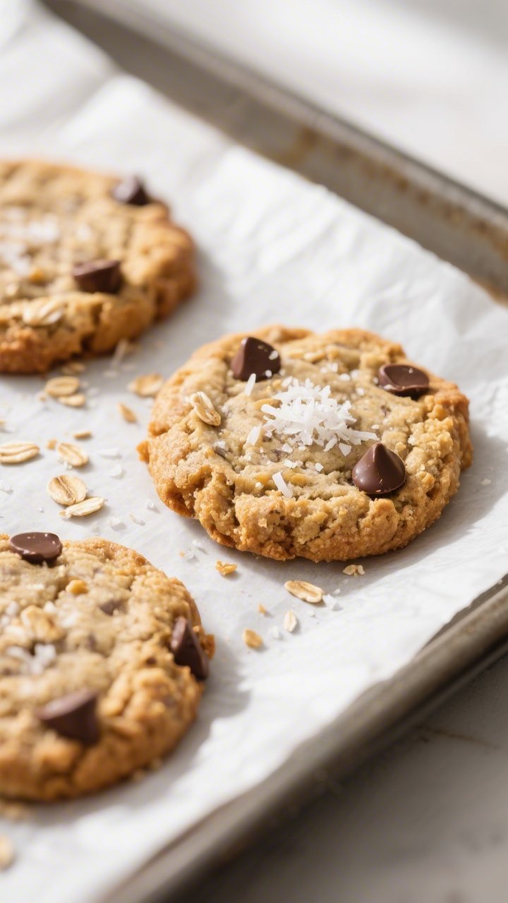 Close-up process shot: Warm, freshly baked keto “oatmeal” cookies just out of the oven on a parc