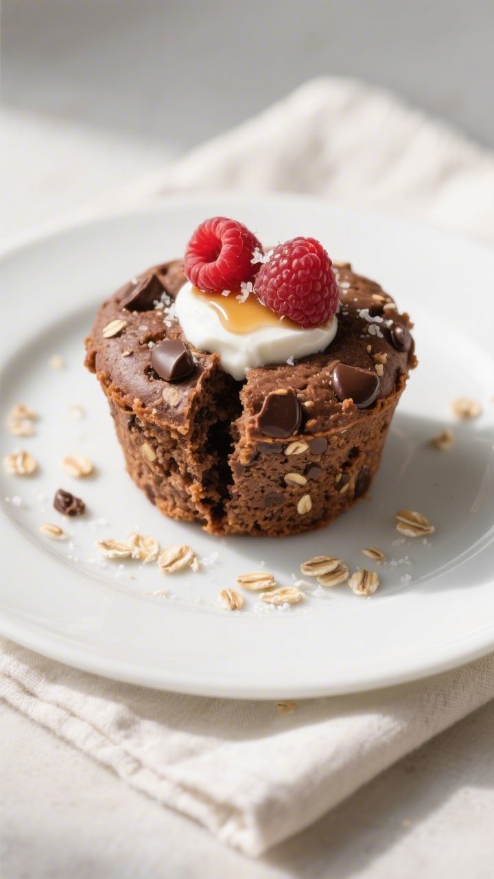 Close-up, shallow-depth final presentation of a single chocolate oatmeal cup on a small white plate,